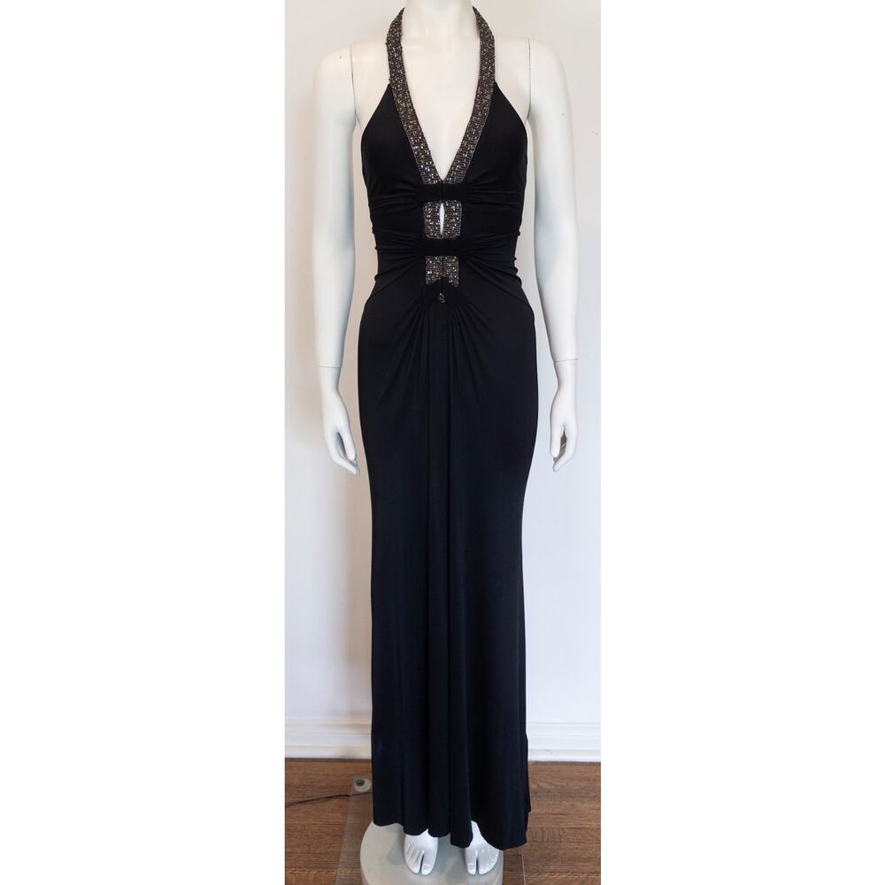 S/S 2005 Roberto Cavalli Black Rhinestone Sheer Bodycon Stretch Halter Gown